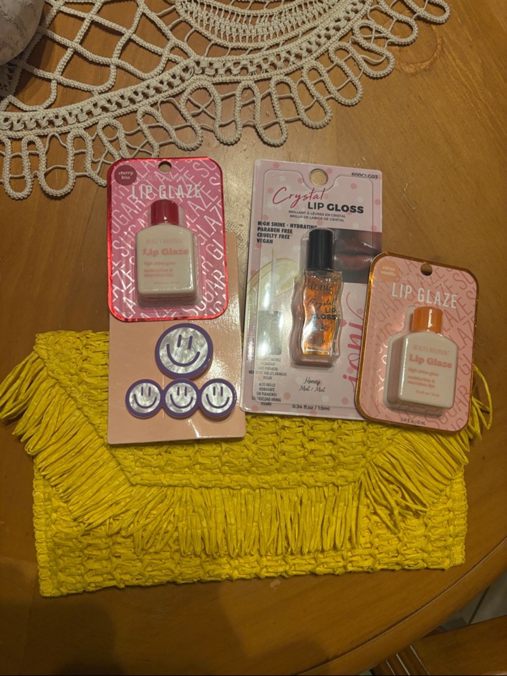 Assorted Lip Glaze & Crystal Lip Gloss with Yellow Fringe Clutch